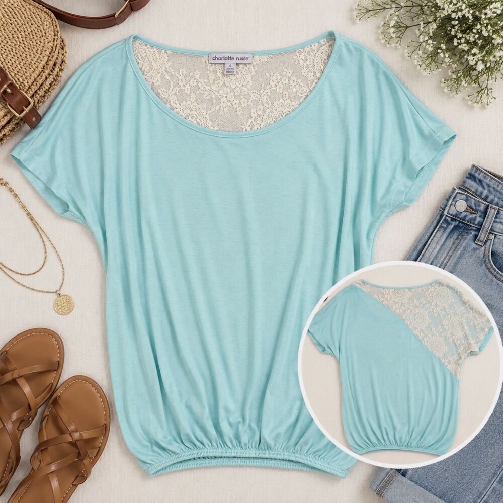 Charlotte Russe Lace Back Top Women S Mint Aqua Dolman Blouson Y2K